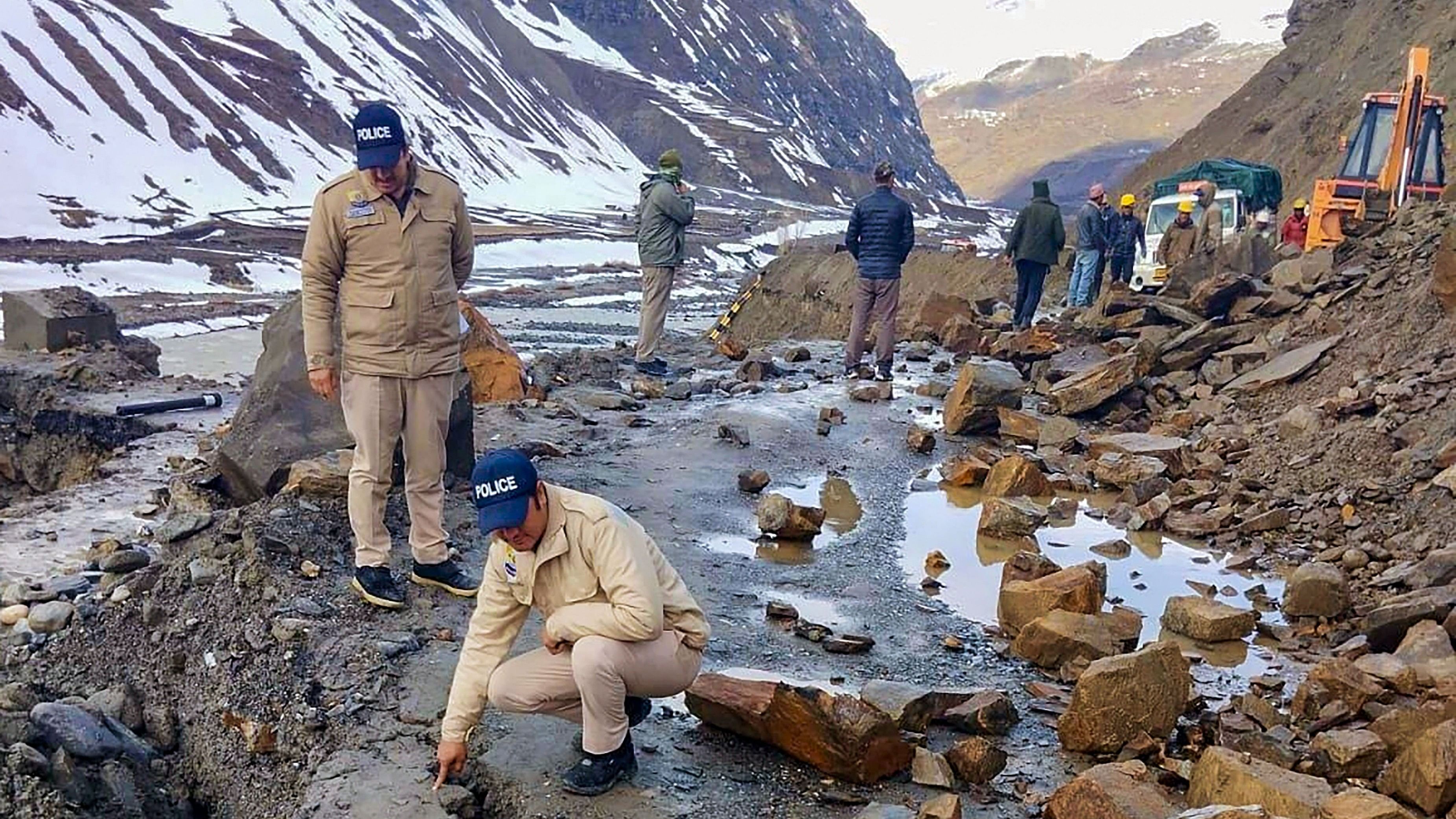 <div class="paragraphs"><p>Border Roads Organisation (BRO) personnel conduct repair work at the closed Manali-Leh highway at Sissu following a landslide, in Lahaul and Spiti district.</p></div>