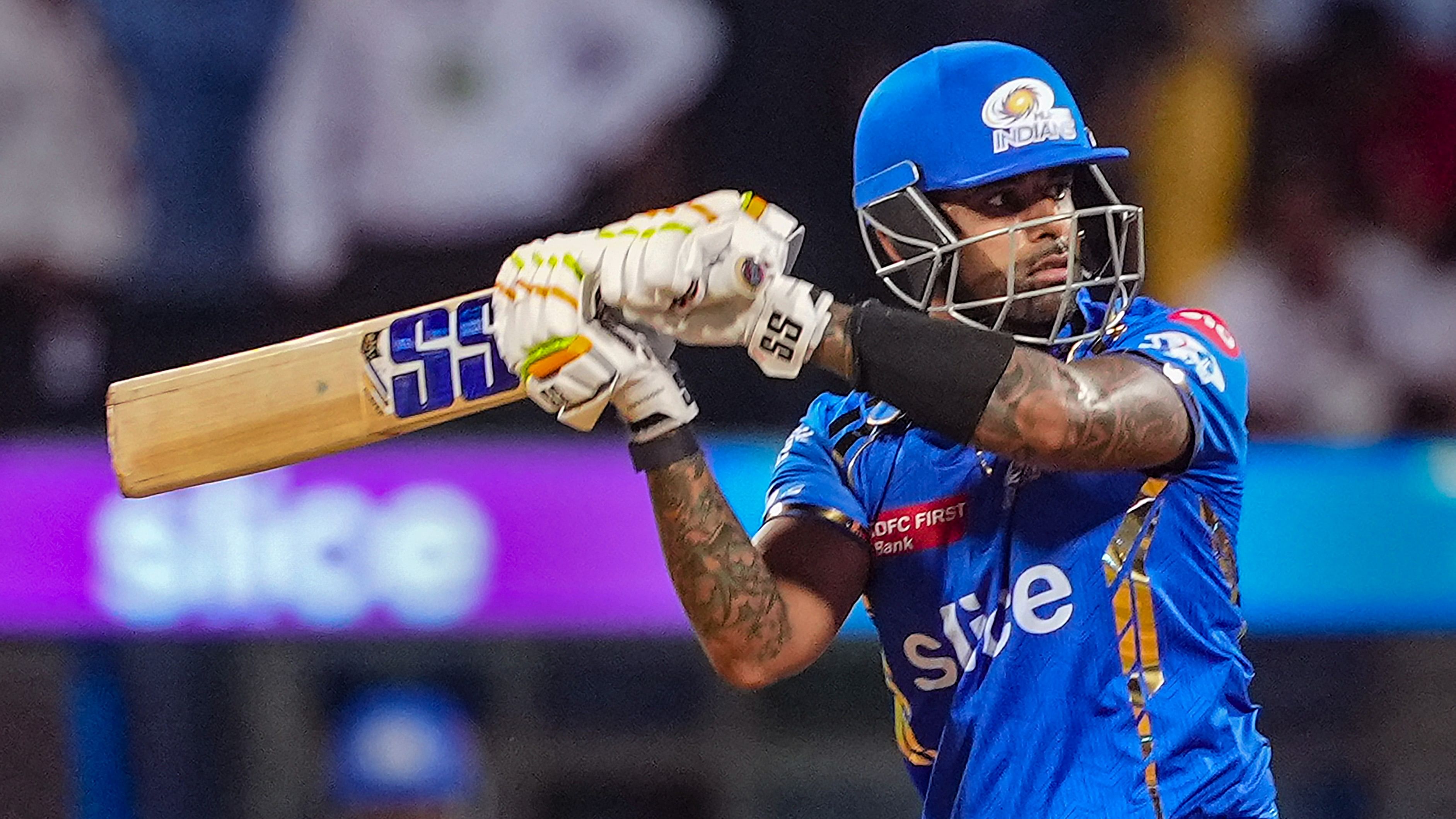 <div class="paragraphs"><p>Mumbai Indians player Suryakumar Yadav plays a shot during the IPL 2024 cricket match against Royal Challengers Bengaluru and Mumbai Indians at Wankhede Stadium, in Mumbai, on Thursday.</p></div>