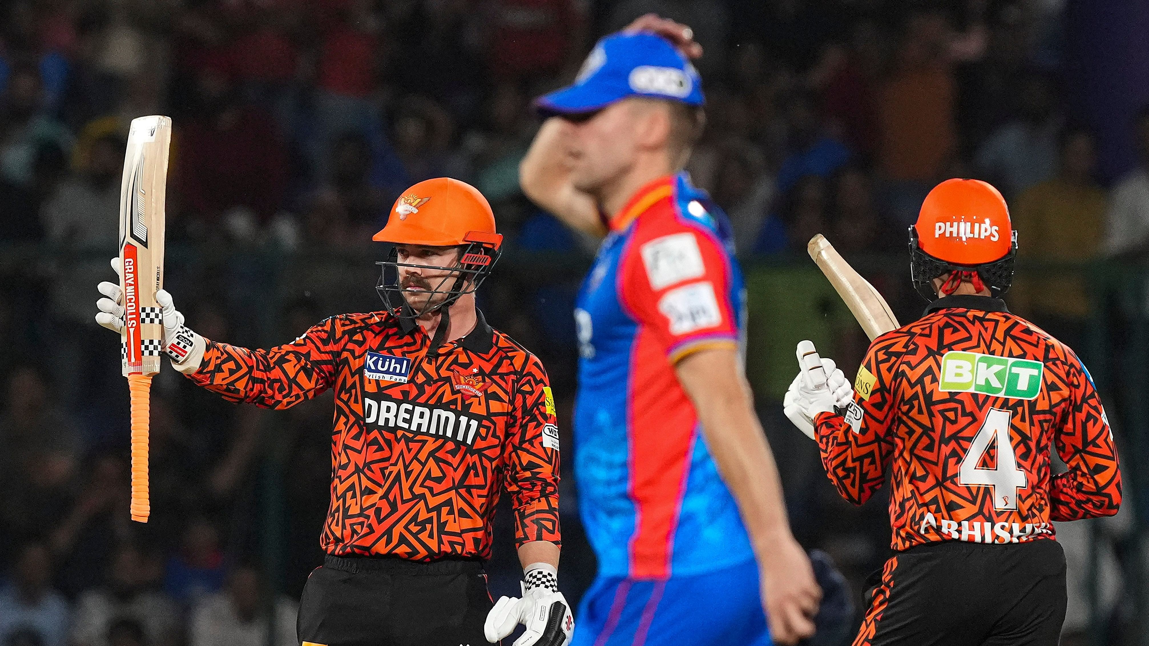 <div class="paragraphs"><p>Sunrisers Hyderabad batter Travis Head celebrates scoring fifty runs during the Indian Premier League (IPL) 2024 T20 cricket match between Delhi Capitals and Sunrisers Hyderabad at the Arun Jaitley Stadium, in New Delhi, Saturday, April 20, 2024. </p></div>