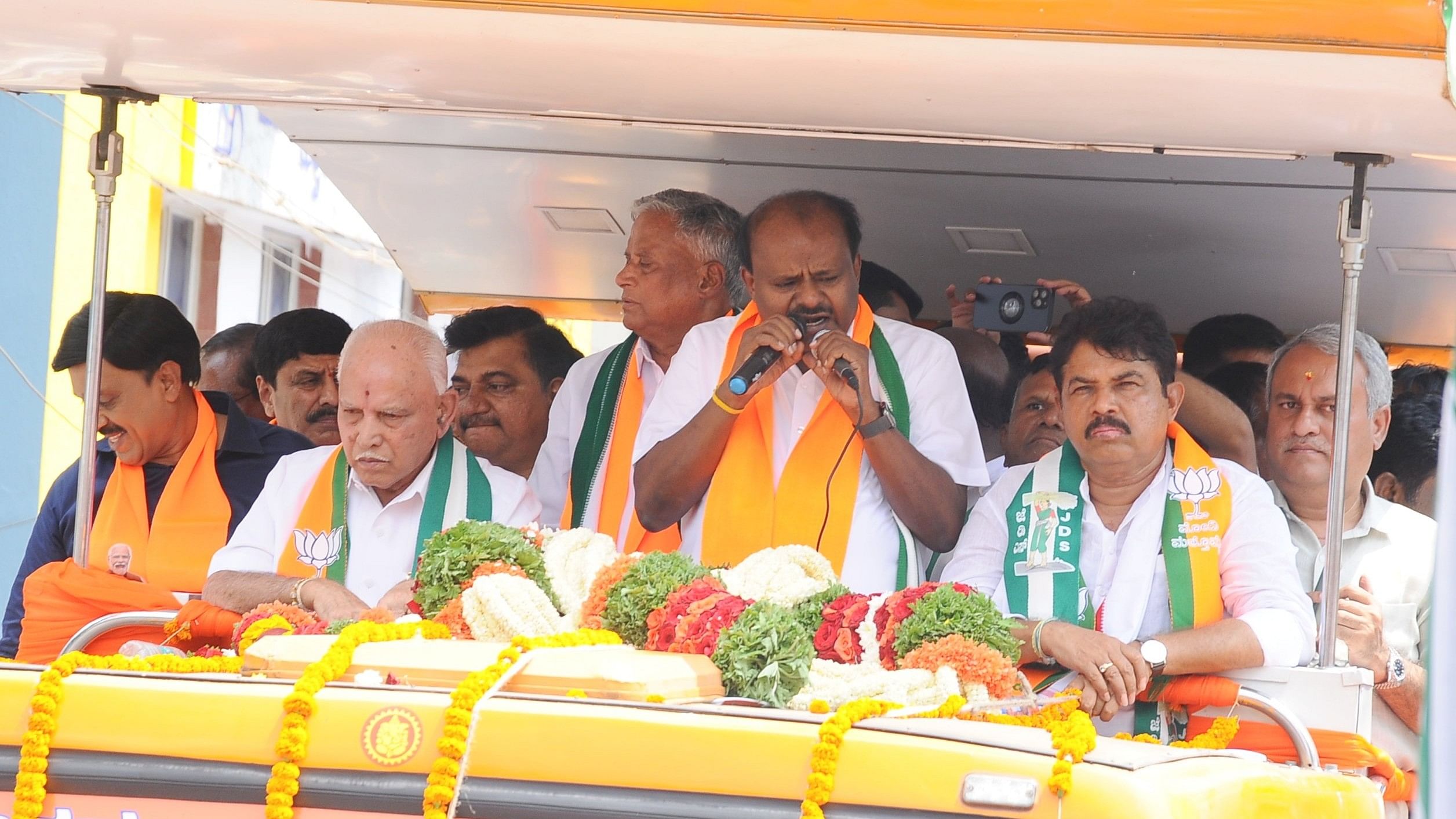 <div class="paragraphs"><p>JDS leader HD Kumaraswamy spoke at the BJP-JDS rally in Tumkur on Wednesday.</p></div>