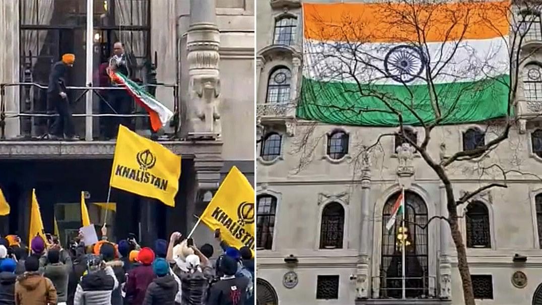 <div class="paragraphs"><p>In this combo photo, right, the Indian national flag hoisted at the Indian High Commission, left, a protester, chanting pro-Khalistani slogans, attempts to grab the tricolour, in London.</p></div>