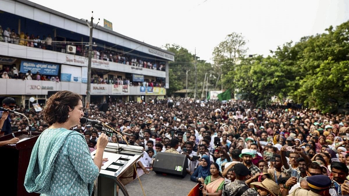 <div class="paragraphs"><p>Congress leader Priyanka Gandhi Vadra addresses the gathering during a public meeting ahead of the second phase of Lok Sabha elections, in Wayanad.</p></div>