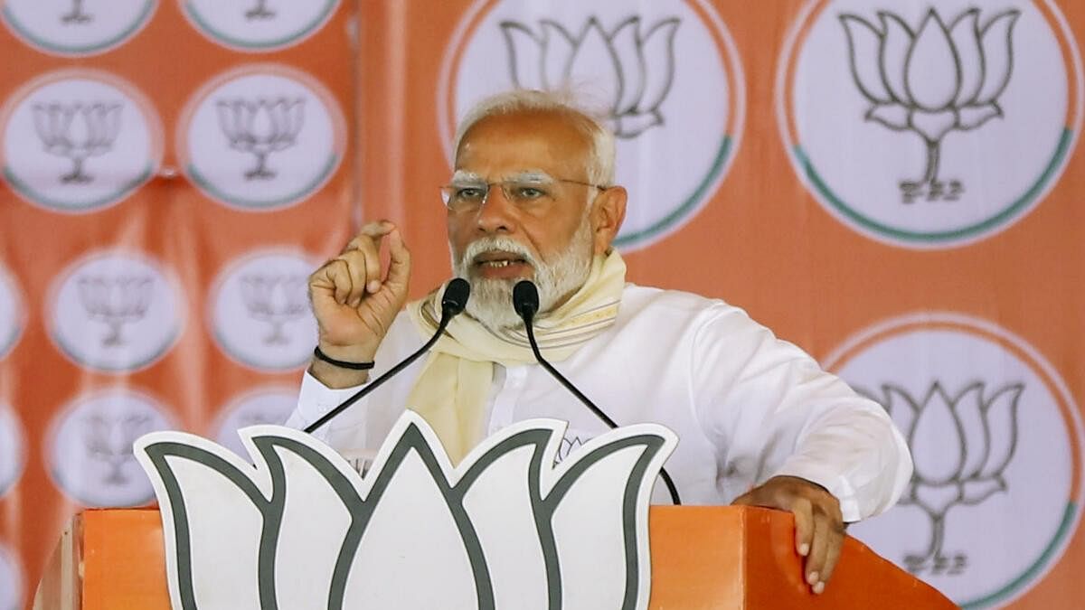 <div class="paragraphs"><p>PM Narendra Modi addresses a public meeting organised for BJP's campaign for the Lok Sabha elections.</p></div>