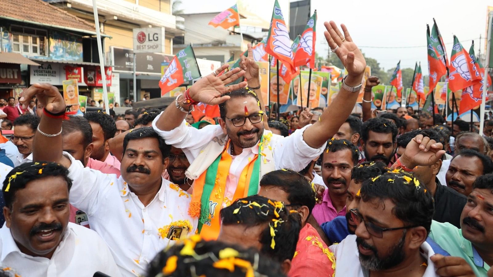 <div class="paragraphs"><p>BJP state president K Surendran during a roadshow in Wayanad.&nbsp;</p></div>