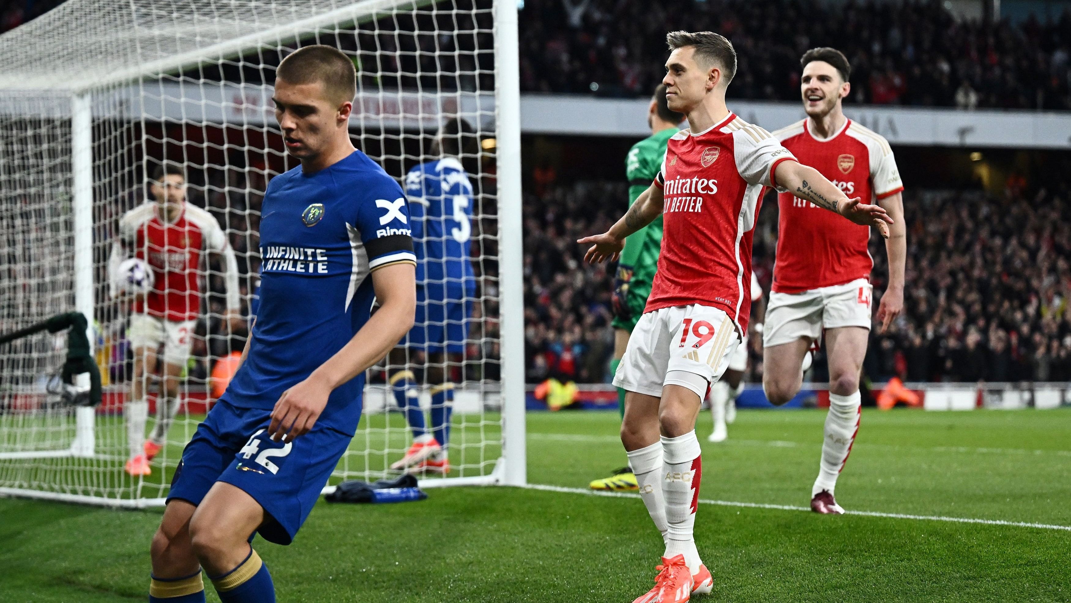 <div class="paragraphs"><p>Arsenal's Leandro Trossard celebrates scoring their first goal with Declan Rice, against Chelsea.&nbsp;</p></div>
