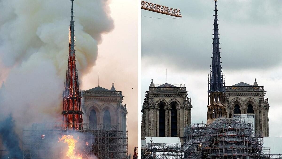 <div class="paragraphs"><p>A combination picture shows smoke billowing as fire engulfs the spire of Notre Dame Cathedral in Paris, France, April 15, 2019 (top) and a view of the new spire, surmounted by the rooster and the cross as restoration works continue at the Notre-Dame de Paris Cathedral in Paris, France, March 30, 2024. </p></div>