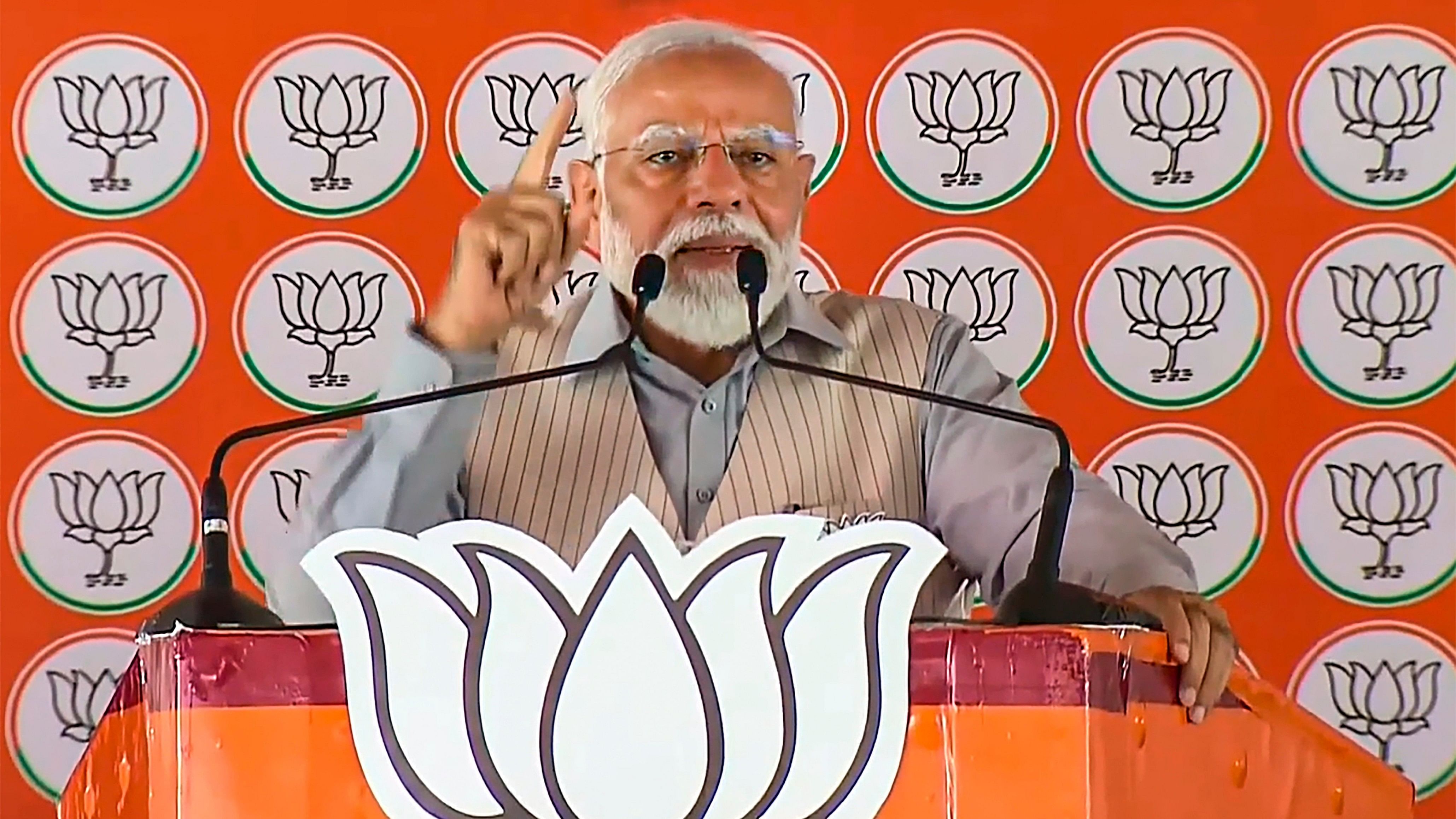 <div class="paragraphs"><p>Prime Minister Narendra Modi speaks during a public meeting, ahead of Lok Sabha elections, in Saharanpur, Saturday, April 6, 2024. </p></div>