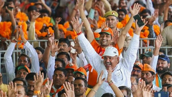 <div class="paragraphs"><p>BJP supporters during a public meeting of Prime Minister Narendra Modi for Lok Sabha elections, in Aligarh.</p></div>