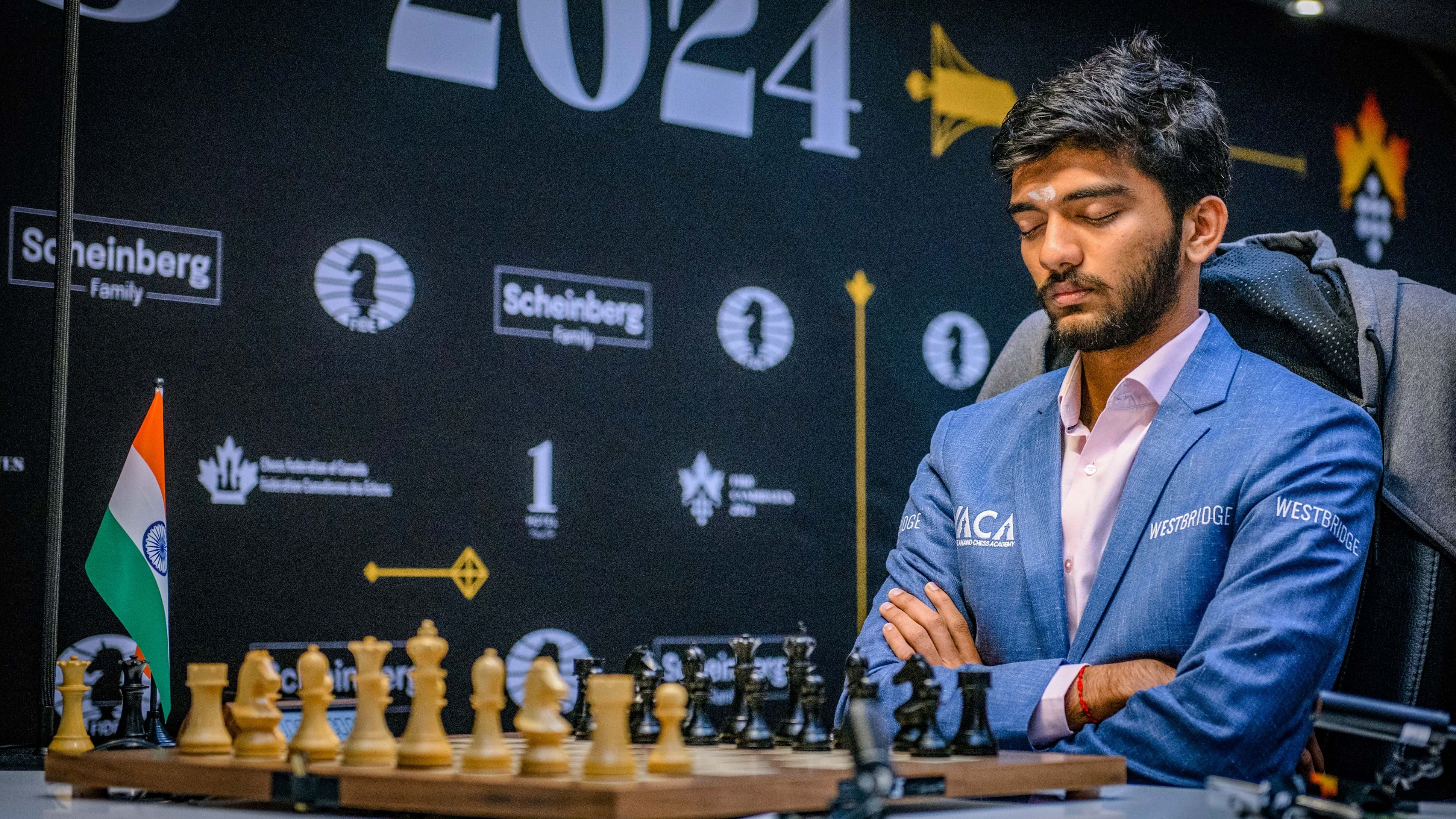 <div class="paragraphs"><p>Indian GM D Gukesh during his round 10 match against Russian GM Ian Nepomniachtchi (playing under FIDE flag) at the FIDE Candidates 2024 chess tournament, in Toronto, Canada, Monday, April 15, 2024.</p></div>