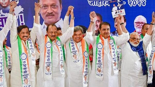 <div class="paragraphs"><p>Nationalist Congress Party (NCP) leaders Ajit Pawar, Praful Patel and Chhagan Bhujbal with newly joined party leader Mushtaq Antulay, in Mumbai, Monday, April 22, 2024.</p></div>