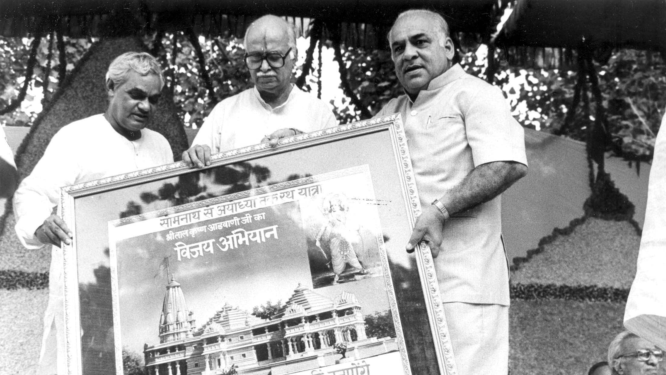 <div class="paragraphs"><p>BJP leader Atal Bihari Vajapyee and Madan Lal Khurana presenting a large painting of the proposed Ram Mandir at Ayodhya to L K Advani before his Ratha Yatra from Somanath.</p></div>