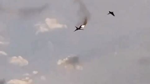 <div class="paragraphs"><p>Screengrab of the video posted by Ukraine's Ministry of Defense shows the TU-22M3 Russian bomber falling down after it was shot by Ukrainian forces.</p></div>