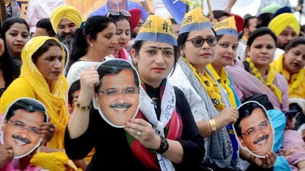 <div class="paragraphs"><p>The protest was staged at a park in posh Gandhi Nagar area of the city with participants accusing the BJP of framing Kejriwal in a “false case”.</p></div>