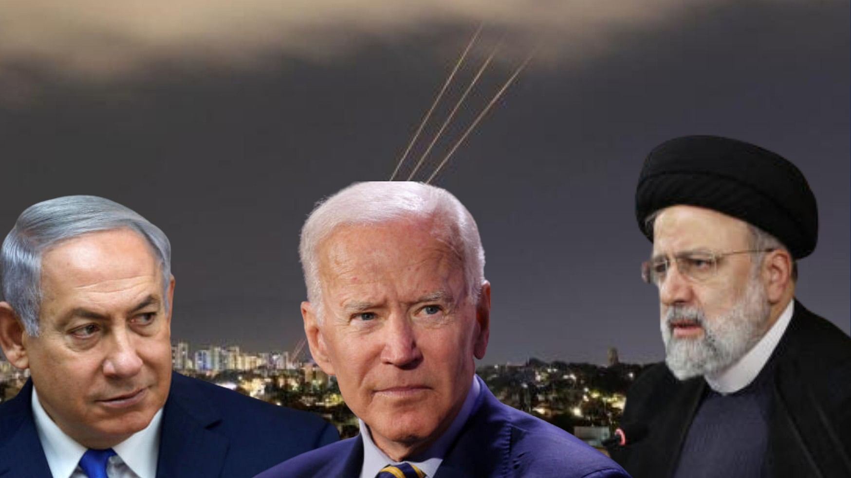 <div class="paragraphs"><p>Israel PM Benjamin Netanyahu, US President Joe Biden and Iran President Ebrahim Raisi against the backdrop of Iranian drones over Israel.</p></div>