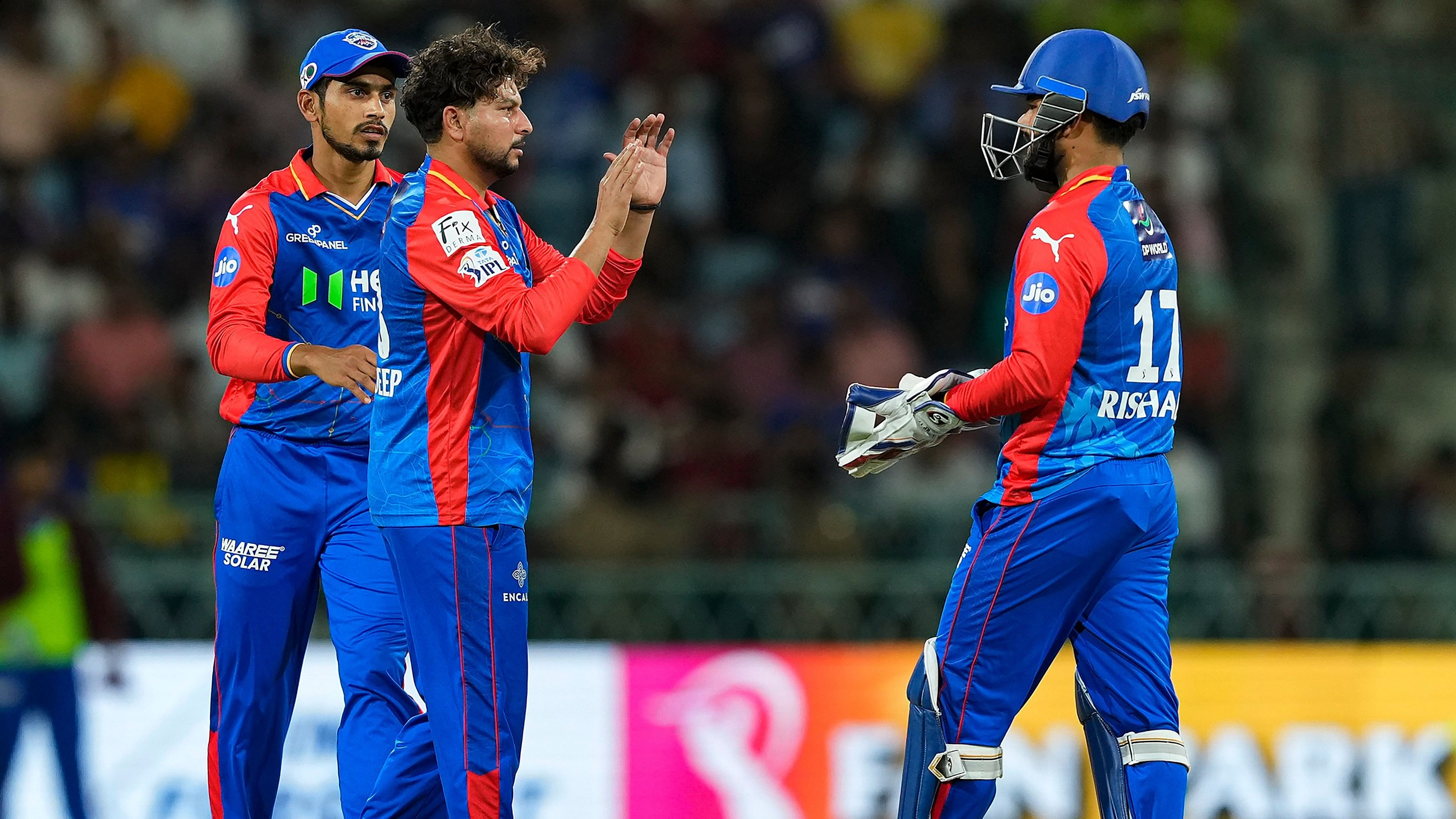 <div class="paragraphs"><p>Delhi Capitals skipper Rishabh Pant and Kuldeep Yadav celebrate after dismissing the LSG's K L Rahul during their IPL tie in Lucknow on Friday, April 12, 2024. </p></div>