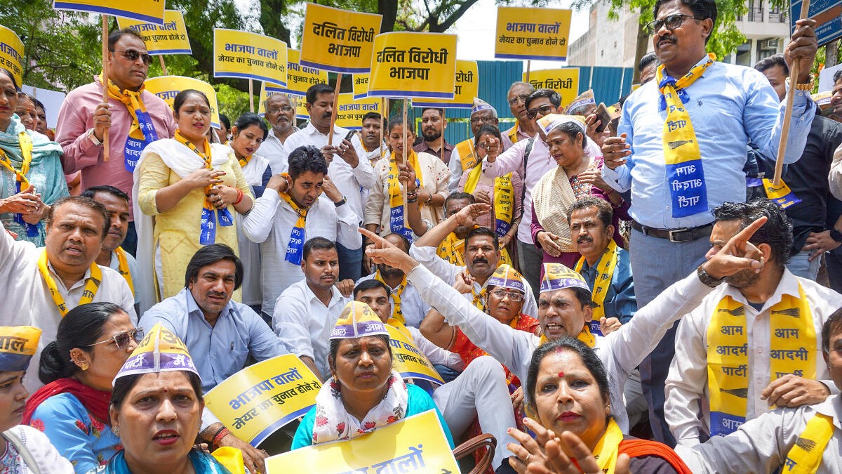 <div class="paragraphs"><p>Aam Aadmi Party (AAP) workers stage a protest against the BJP, in New Delhi.</p></div>