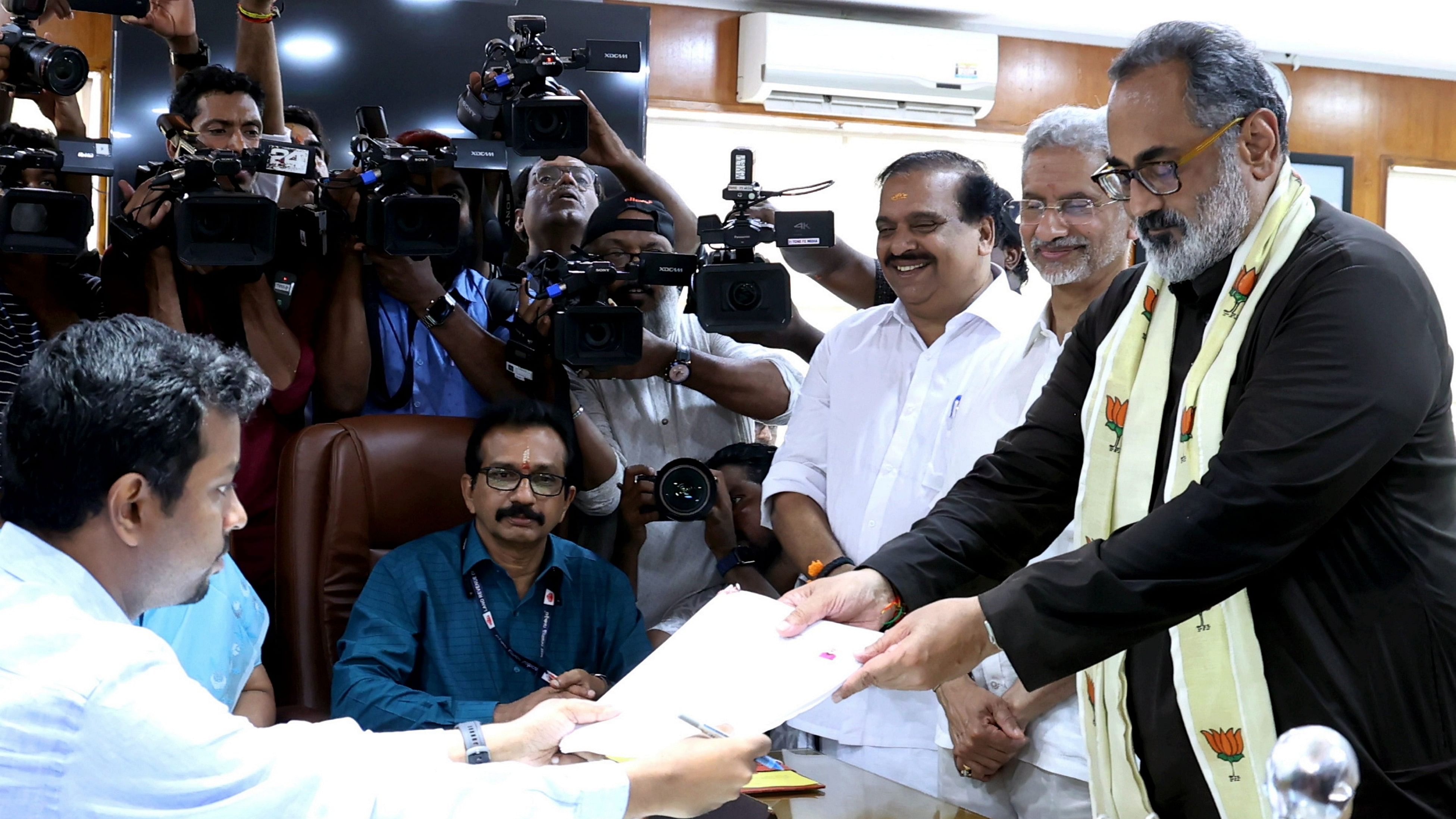 <div class="paragraphs"><p>Union Minister and BJP candidate Rajeev Chandrasekhar files his nomination papers for the upcoming Lok Sabha elections.</p></div>