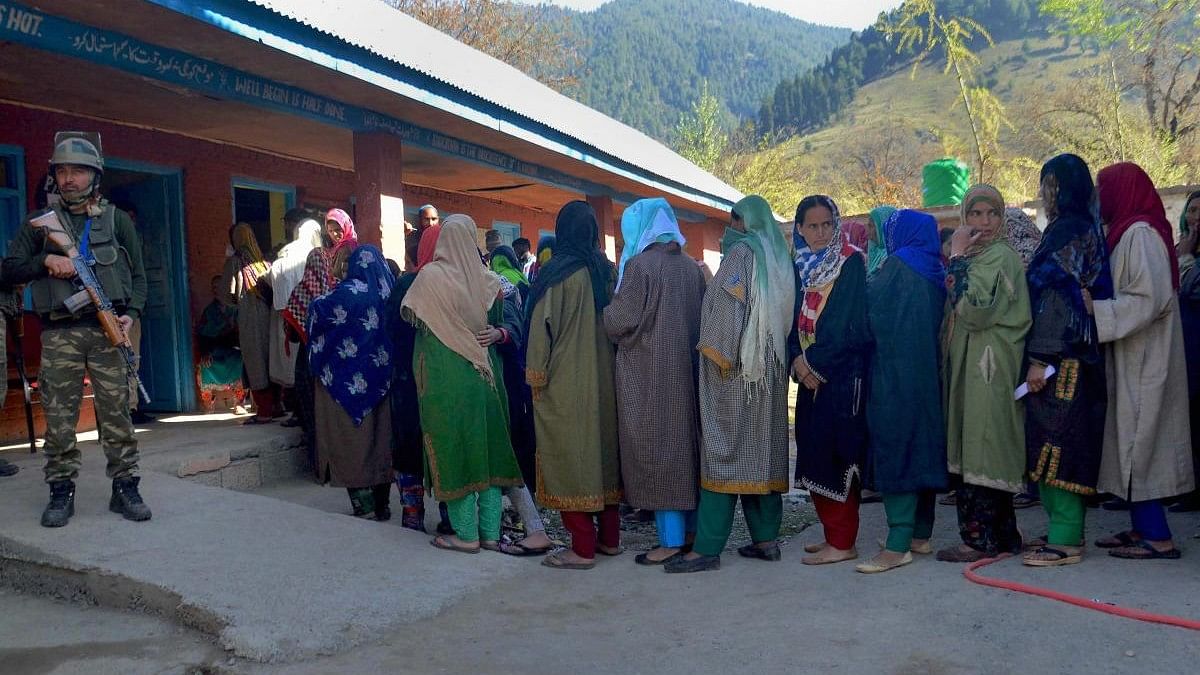<div class="paragraphs"><p>File photo of voters standing in a queue to cast their votes at a polling station in  Jammu and Kashmir. Representative image.</p></div>