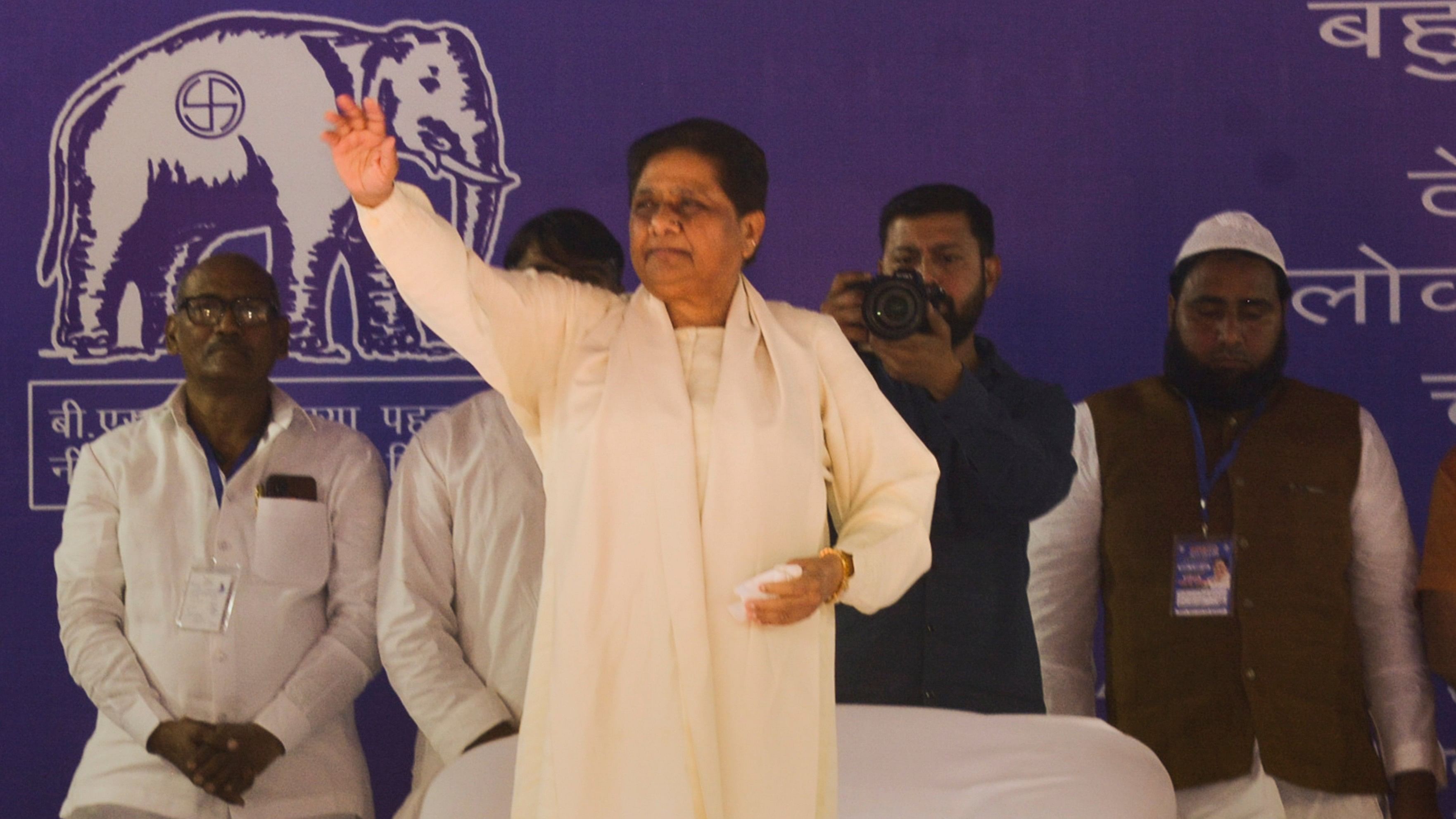 <div class="paragraphs"><p>BSP chief Mayawati waves at a crowd during an election campaign rally, ahead of Lok Sabha polls, in Muzaffarnagar, Sunday, April 14, 2024.</p></div>