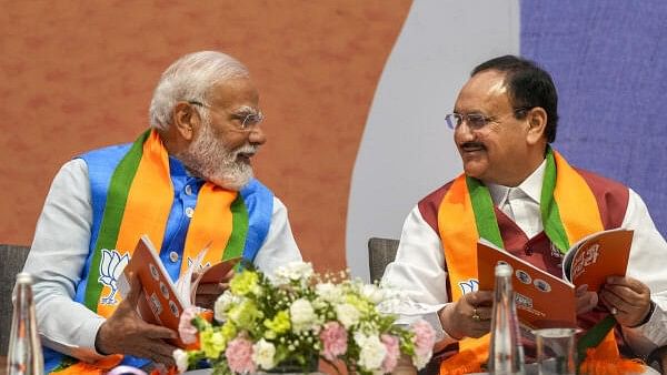 <div class="paragraphs"><p>Prime Minister Narendra Modi and BJP National President JP Nadda during the release of party's election manifesto ‘Sankalp Patra’ for the Lok Sabha polls.</p></div>
