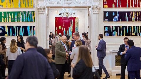 <div class="paragraphs"><p>Visitors at Indian-origin artist Nanda Khiara's exhibition ‘Legacy, Perception, and Cherry Blossom Chronicles’, at the Nehru Centre, in London, UK.</p></div><div class="paragraphs"><p><br></p></div>