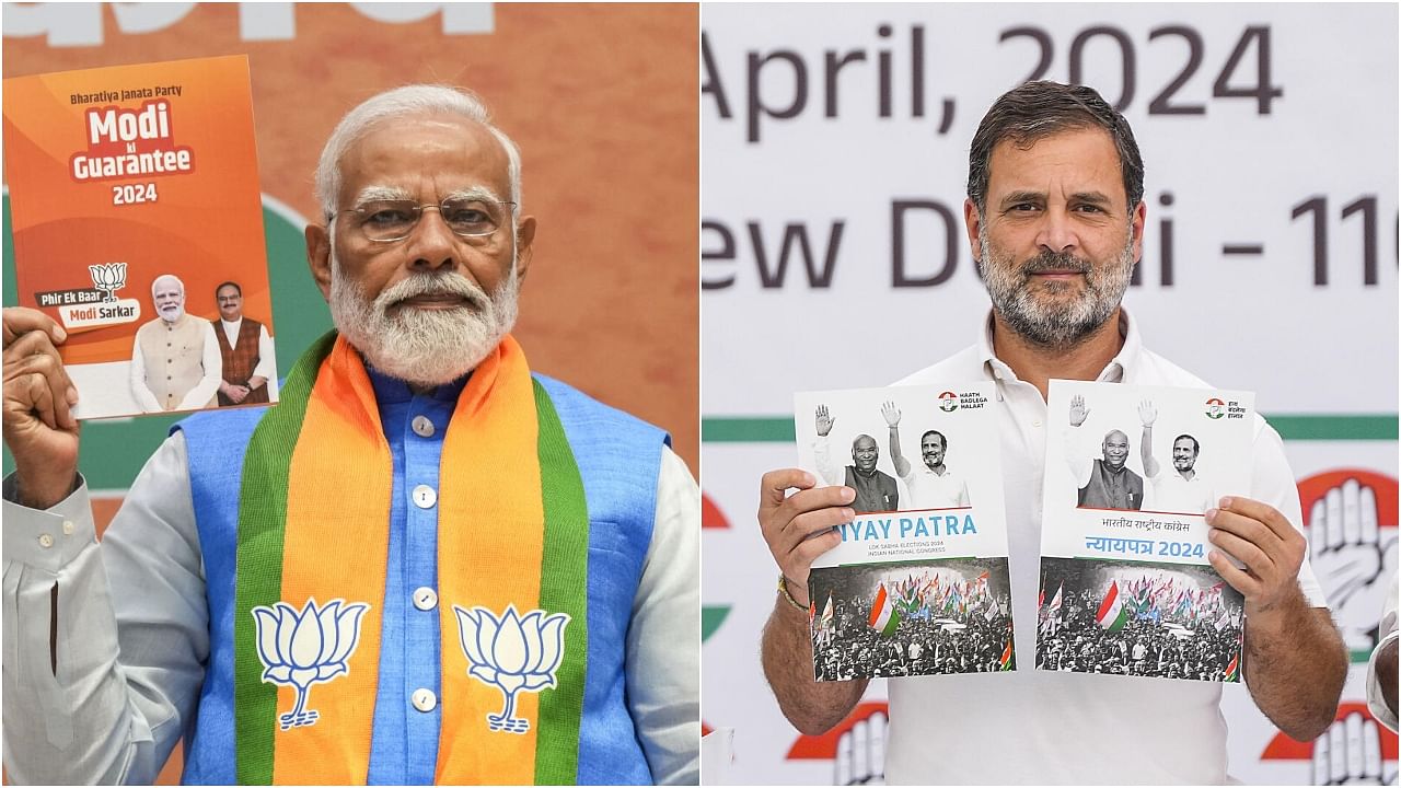 <div class="paragraphs"><p>PM Narendra Modi with BJP's poll manifesto (L) and (R) Rahul Gandhi poses with the Congress manifesto for Lok Sabha polls.&nbsp;</p></div>