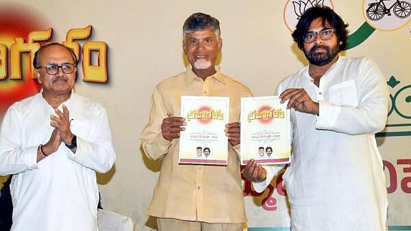 <div class="paragraphs"><p>TDP chief N. Chandrababu Naidu and Jana Sena chief Pawan Kalyan during the release of manifesto of NDA alliance in Andhra Pradesh, on Tuesday, April 30, 2024. </p></div>