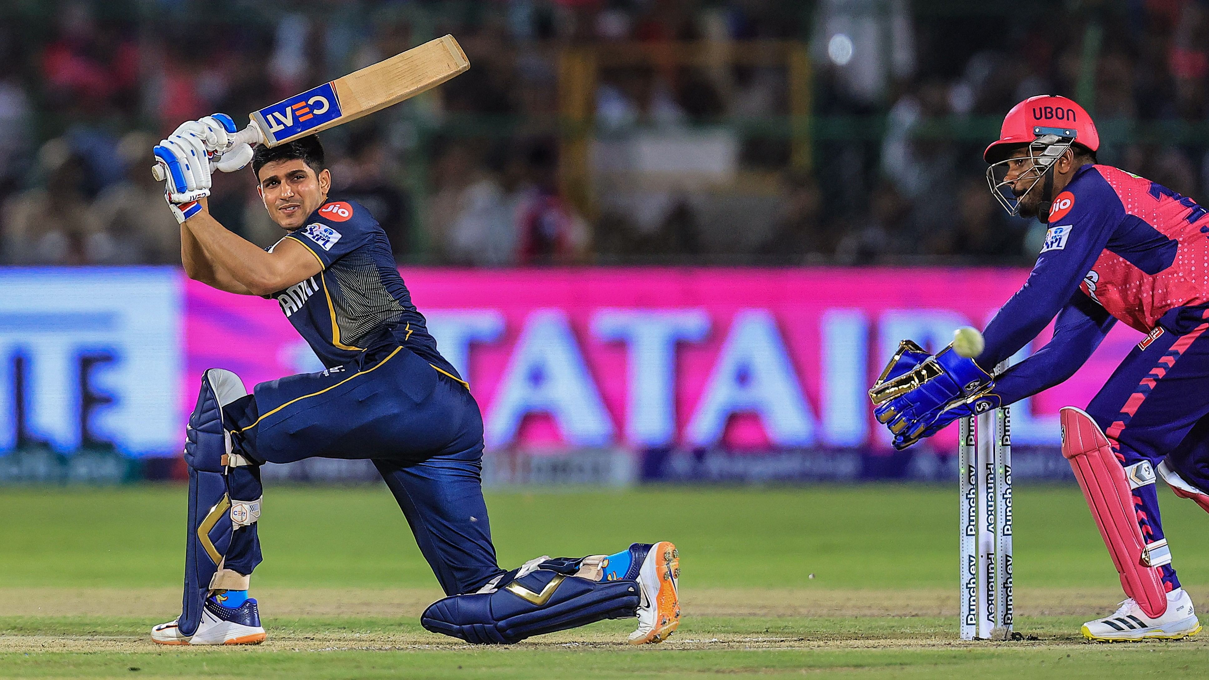 <div class="paragraphs"><p>ujarat Titans' captain Shubman Gill plays a shot during the Indian Premier League (IPL) T20 cricket match between Rajasthan Royals and Gujarat Titans at Sawai Mansingh Stadium, in Jaipur, on Wednesday</p></div>