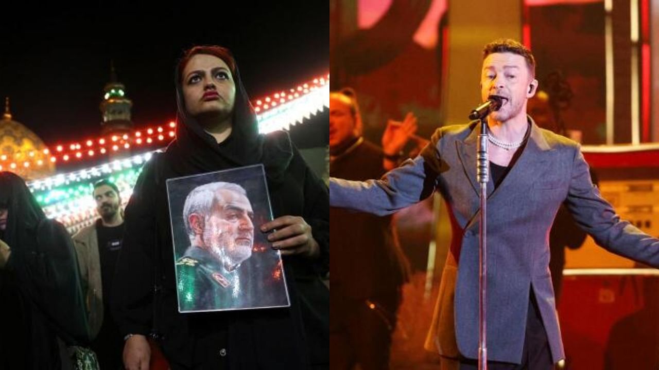 <div class="paragraphs"><p>An Iranian woman holds a picture of the late military officer Qassem Soleimani during an anti-Israel protest in Tehran;&nbsp;Justin Timberlake performs during the iHeartRadio Music Awards at Dolby Theatre in Los Angeles, California..</p></div>