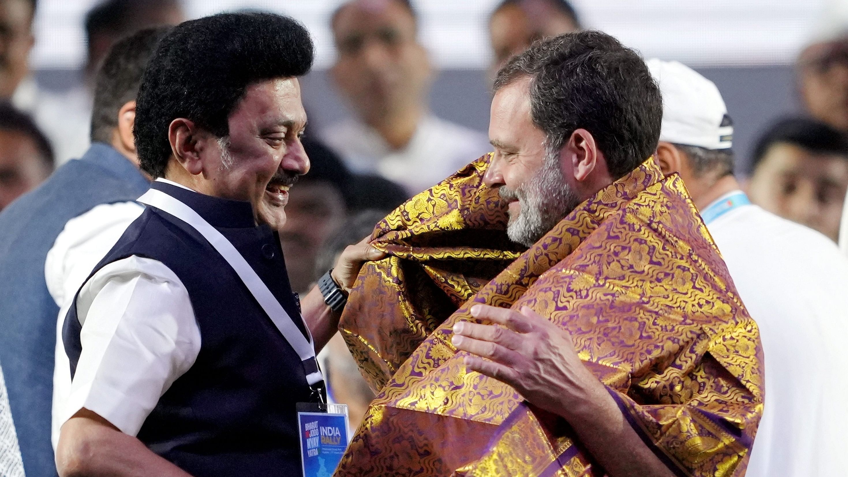 <div class="paragraphs"><p>Mumbai: Congress leader Rahul Gandhi with Tamil Nadu Chief Minister and DMK leader M K Stalin during a rally at the conclusion of the Bharat Jodo Nyay Yatra, in Mumbai, Sunday, March 17, 2024.</p></div>
