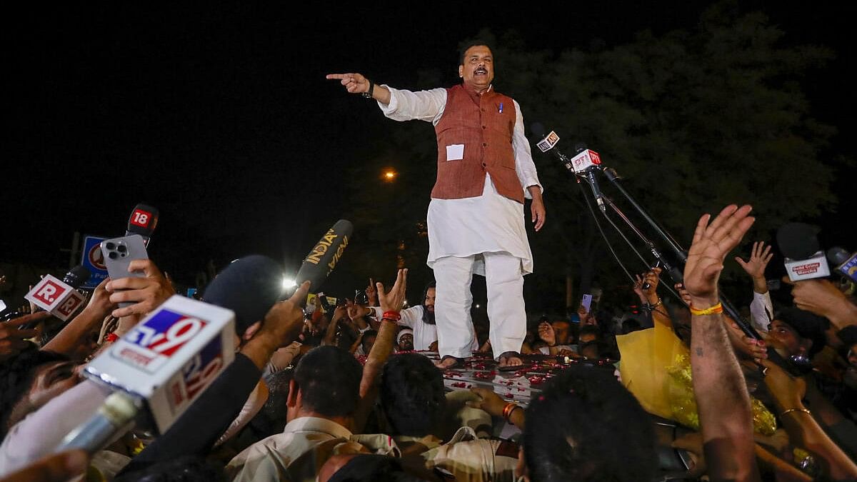 <div class="paragraphs"><p>Sanjay Singh addresses media after coming out of Tihar Jailon Wednesday, April 3, 2024.&nbsp;</p></div>