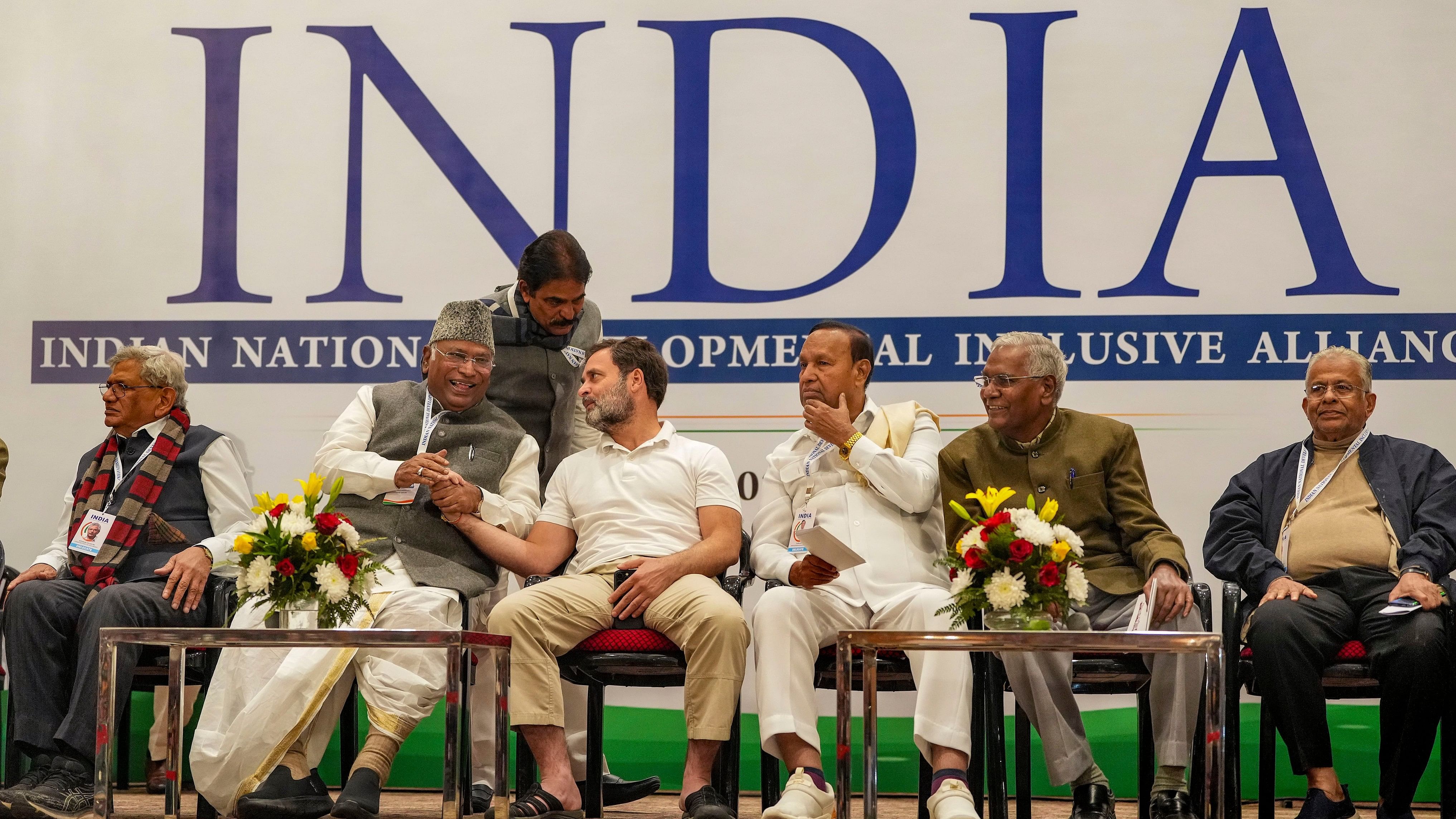 <div class="paragraphs"><p>Congress president Mallikarjun Kharge with party leaders Rahul Gandhi and KC Venugopal, DMK leader TR Baalu, CPI General Secretary D Raja, CPI(M) leader Sitaram Yechury and others during a press conference after the Indian National Developmental Inclusive Alliance(INDIA)'s meeting, in New Delhi.</p></div>