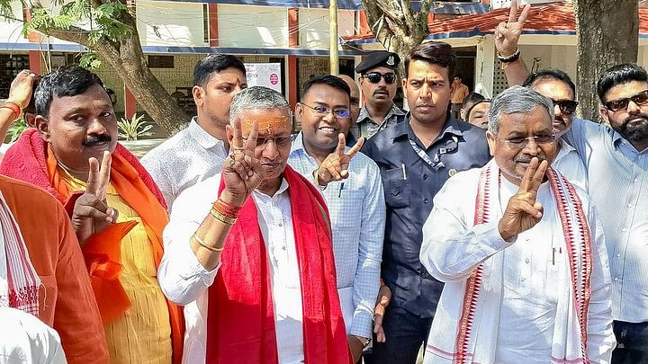 <div class="paragraphs"><p>BJP candidate Kali Charan Singh with Jharkhand BJP President Babulal Marandi and others after filing his nomination papers for Lok Sabha polls, in Chatra district.</p></div>