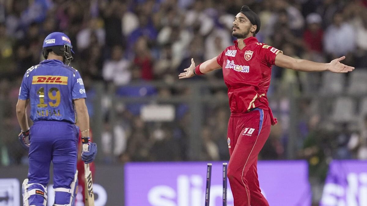 <div class="paragraphs"><p>A file photo of Punjab Kings bowler Arshdeep Singh celebrating the wicket of Mumbai Indians batter Nehal Wadhera during the IPL 2023.</p></div>