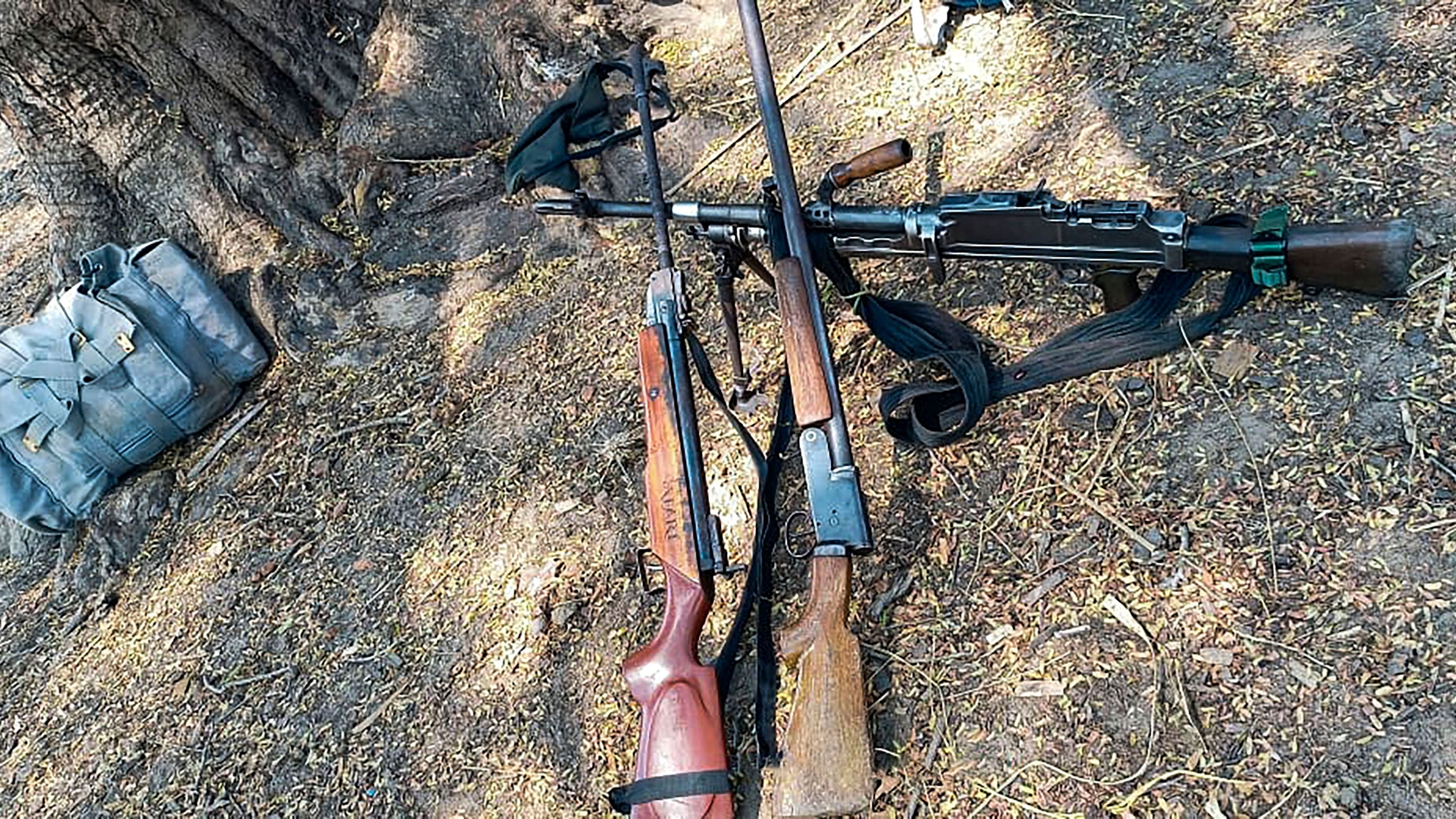 <div class="paragraphs"><p>Arms recovered by security personnel during an encounter with naxalites, in Bijapur district, Wednesday, April 3, 2024. At least 13 naxalites were killed, according to police. </p></div>