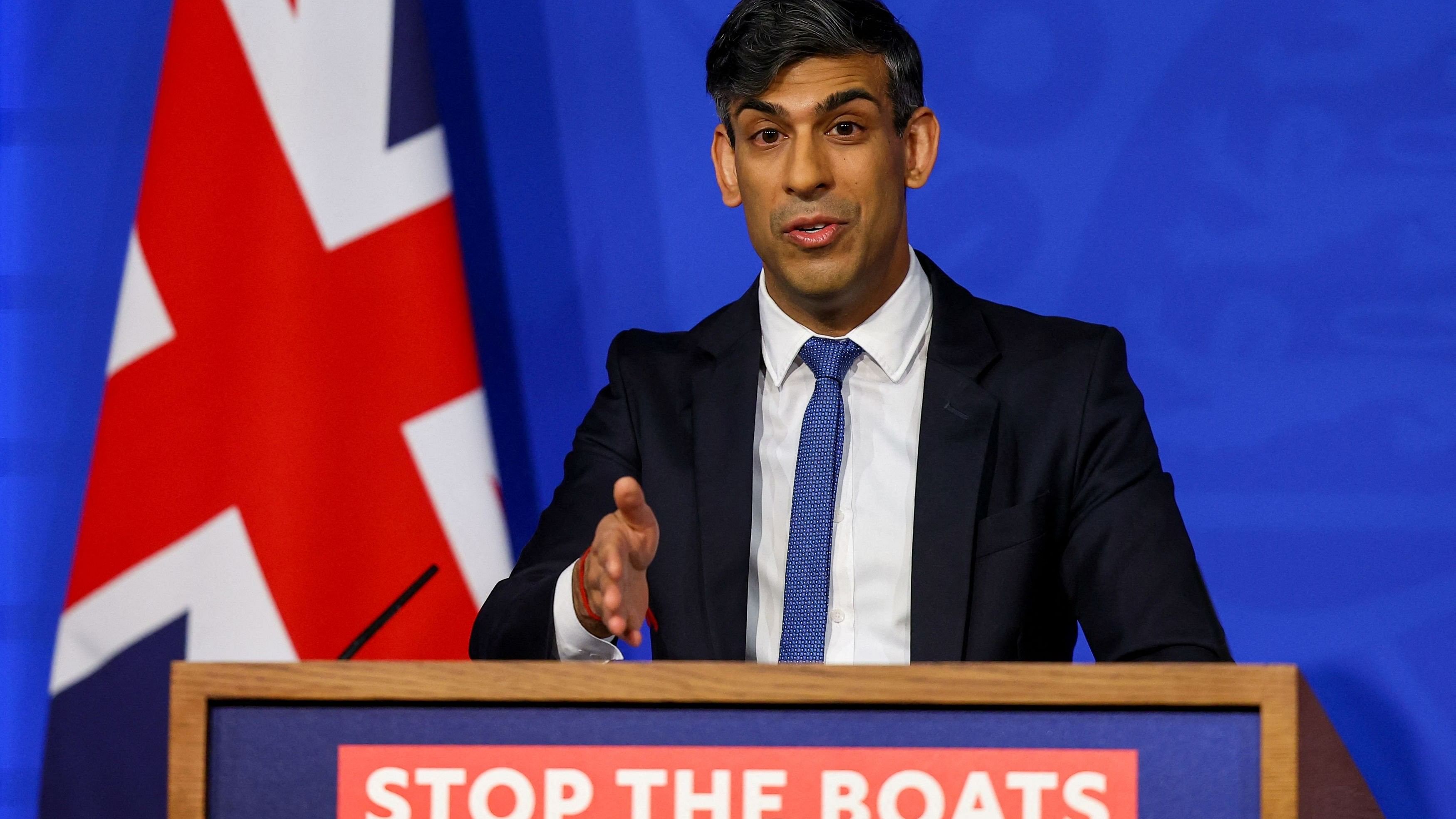 <div class="paragraphs"><p>British Prime Minister Rishi Sunak speaks during a press conference at Downing Street in London, Britain, April 22, 2024.</p></div>