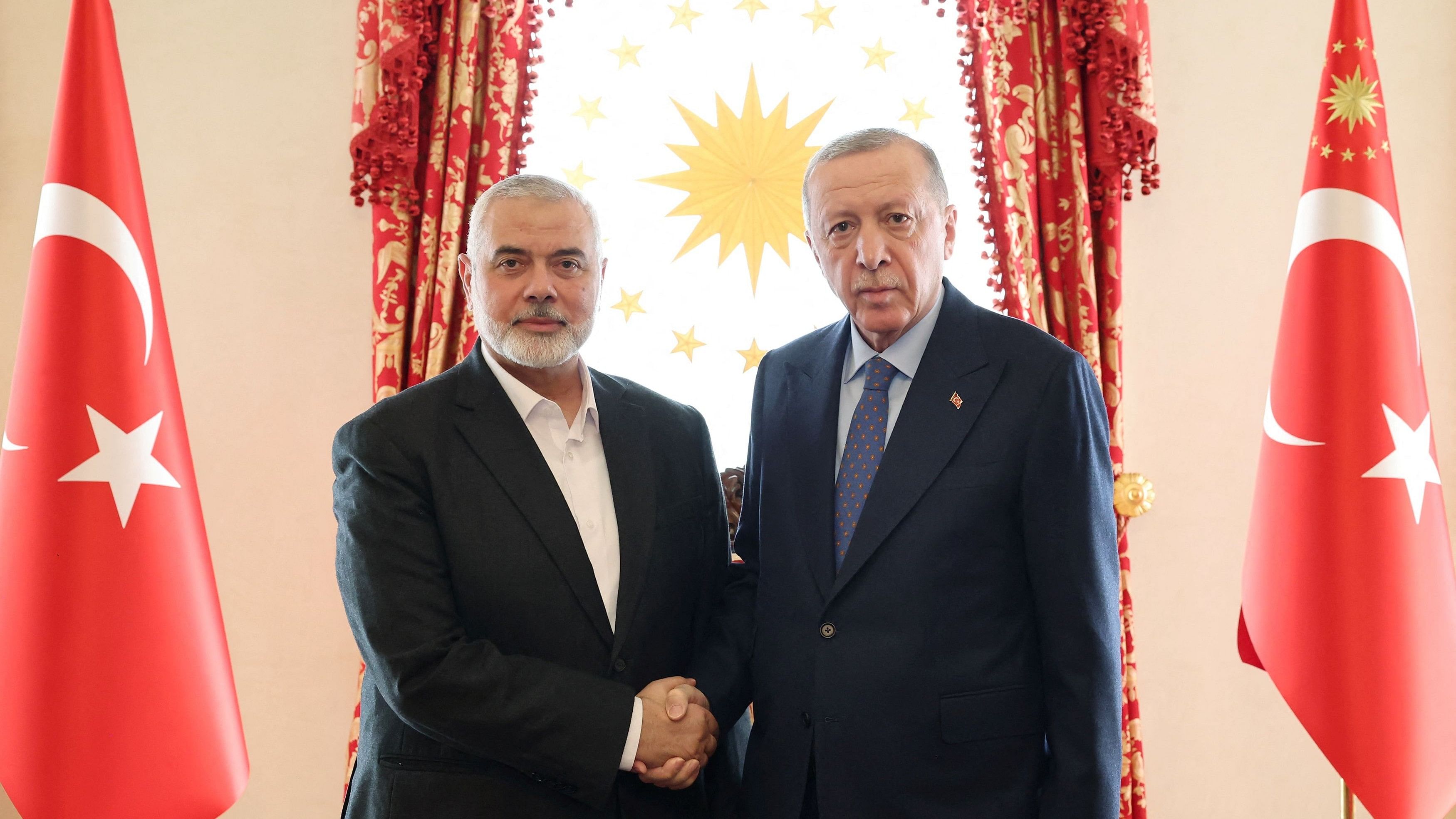 <div class="paragraphs"><p>Turkey's President Tayyip Erdogan meets with Ismail Haniyeh, leader of the Palestinian Islamist group Hamas, in Istanbul, Turkey, April 20, 2024.</p></div>