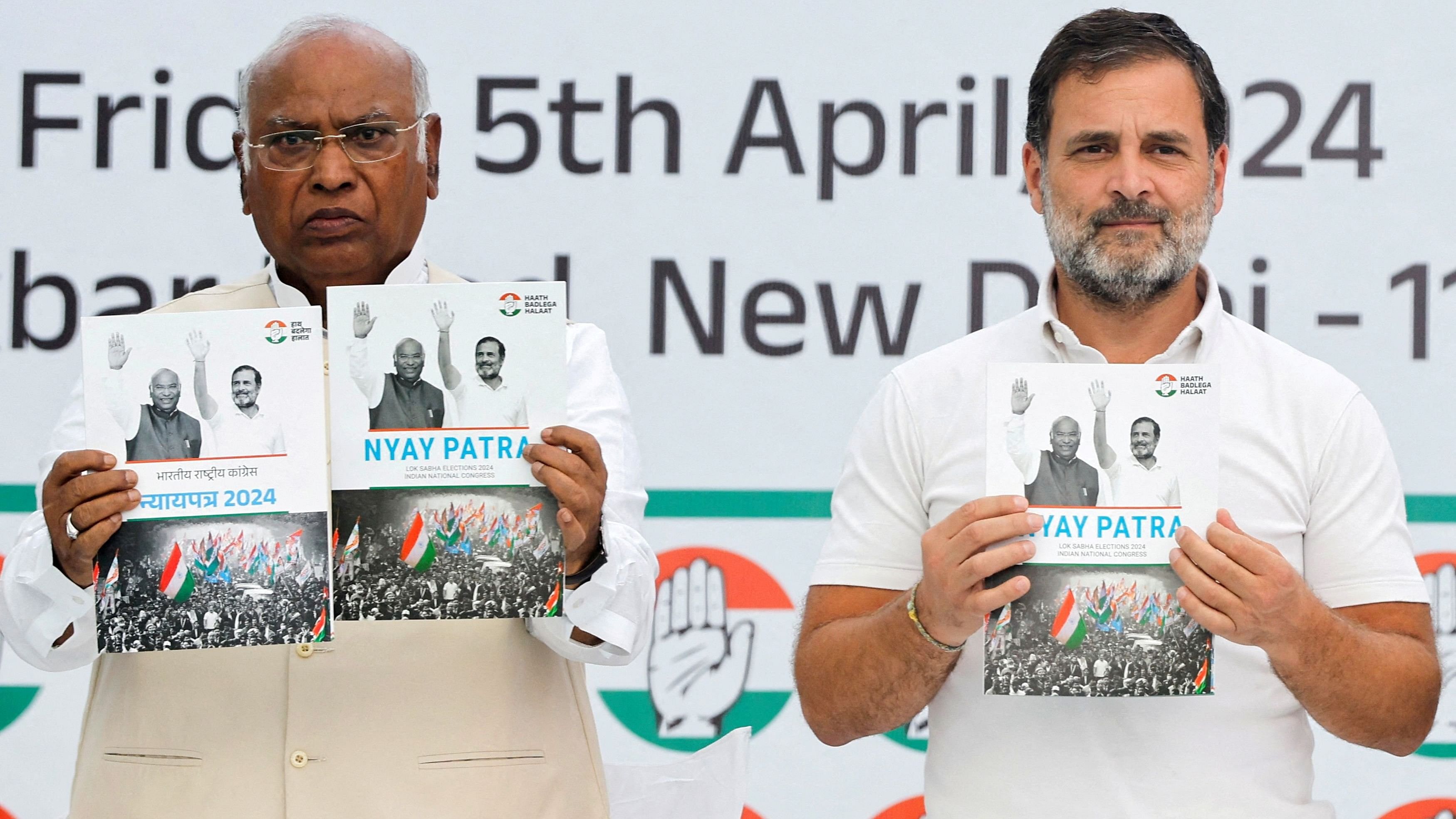 <div class="paragraphs"><p>Rahul Gandhi, a senior leader of India's main opposition Congress Party and Mallikarjun Kharge, President of the Congress Party, display the party's manifesto for the general election in New Delhi.</p></div>