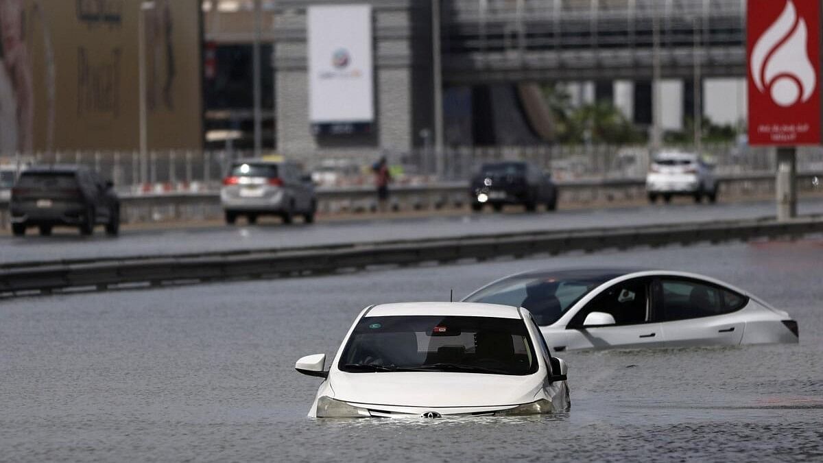 <div class="paragraphs"><p>Cars are stranded in flood water caused by heavy rains, in Dubai, United Arab Emirates, April 17, 2024.</p></div>