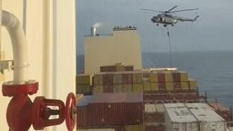 <div class="paragraphs"><p>An official slides down a rope during a helicopter raid on MSC Aries ship at sea in this screen grab obtained from a social media video released on April 13, 2024. </p></div>