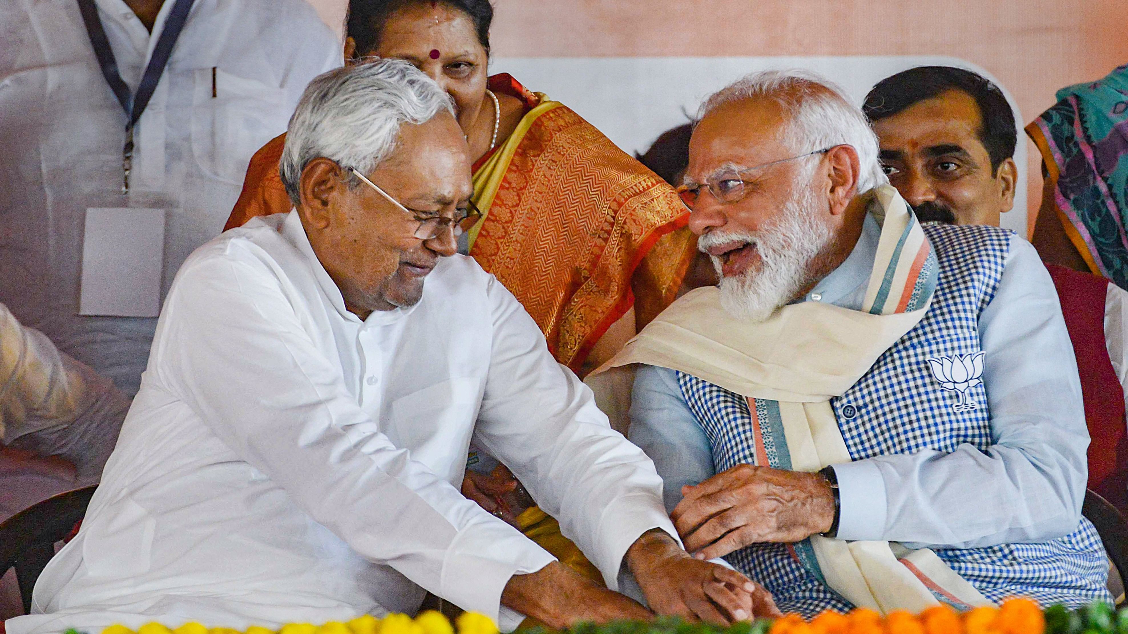 <div class="paragraphs"><p>Prime Minister Narendra Modi with Bihar Chief Minister Nitish Kumar during  a public meeting ahead of the Lok Sabha elections, in Nawada, Sunday, April 7, 2024. </p></div>