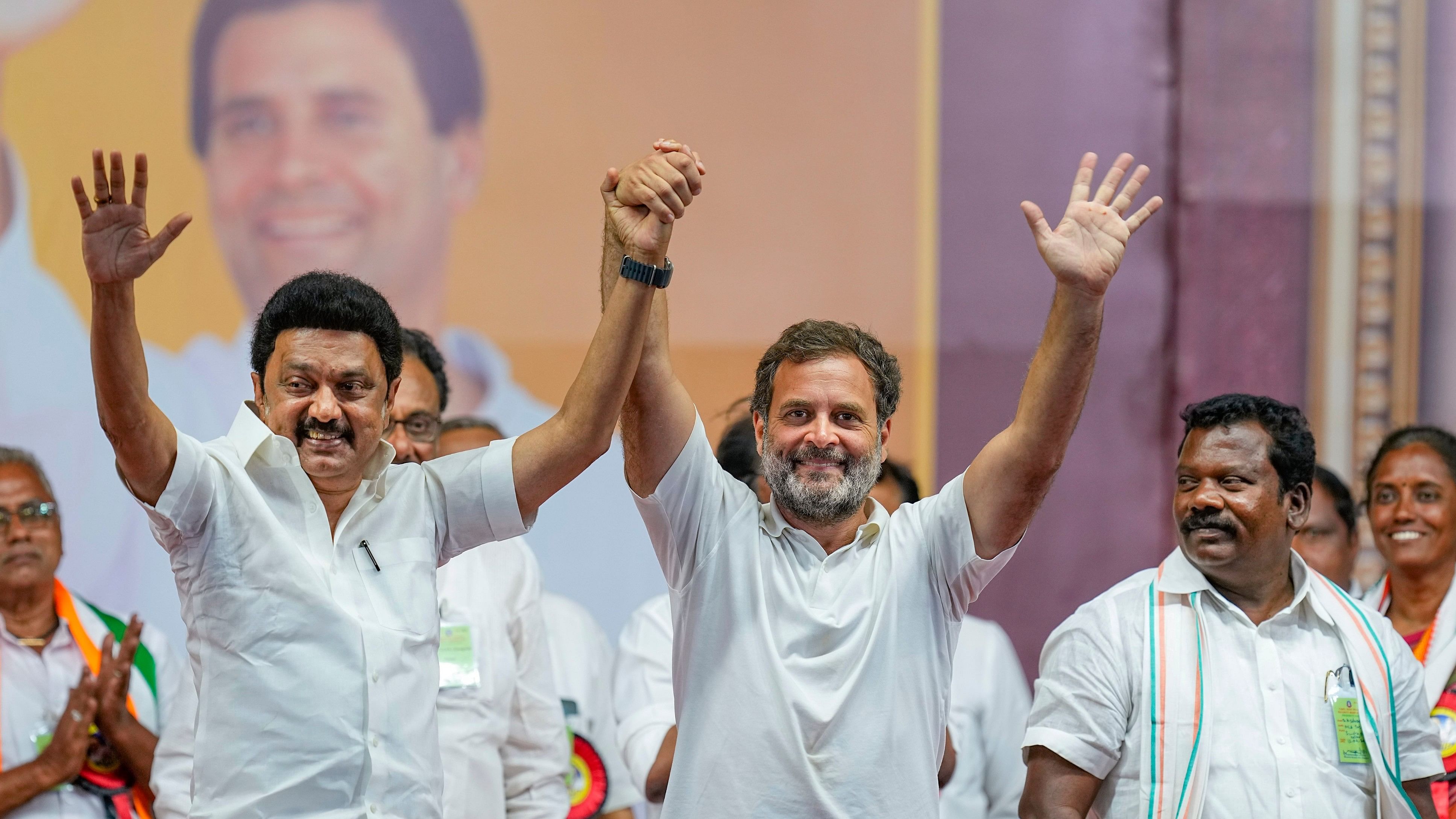 <div class="paragraphs"><p>DMK chief and Tamil Nadu Chief Minister M K Stalin and Congress leader Rahul Gandhi wave at supporters during a public meeting, ahead of the Lok Sabha elections, in Coimbatore.</p></div>