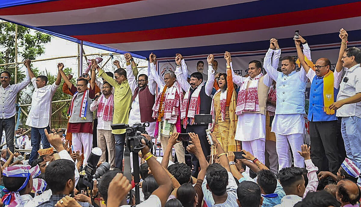 <div class="paragraphs"><p>Assam Minister and Asom Gana Parishad (AGP) President Atul Bora with  candidate from Barpeta seat Phani Bhusan Choudhury and others during a public meeting before filing nomination for the Lok Sabha elections, in Barpeta district.</p></div>