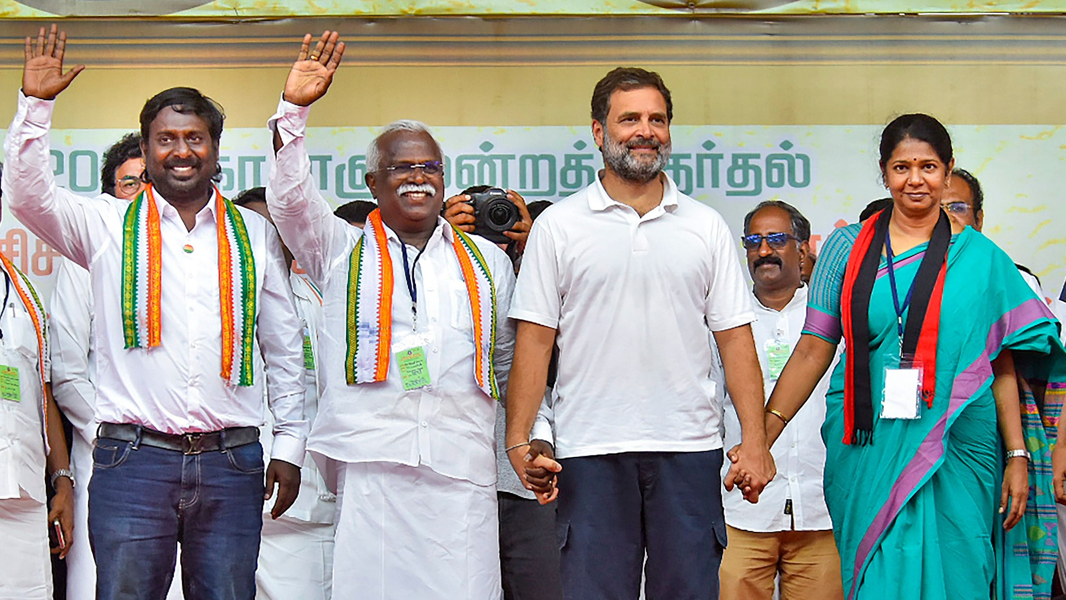 <div class="paragraphs"><p>Congress leader Rahul Gandhi with DMK's Kanimozhi during an election campaign rally in support of I.N.DI.A. alliance candidates ahead of Lok Sabha polls, in Tirunelveli, Friday, April 12, 2024. </p></div>