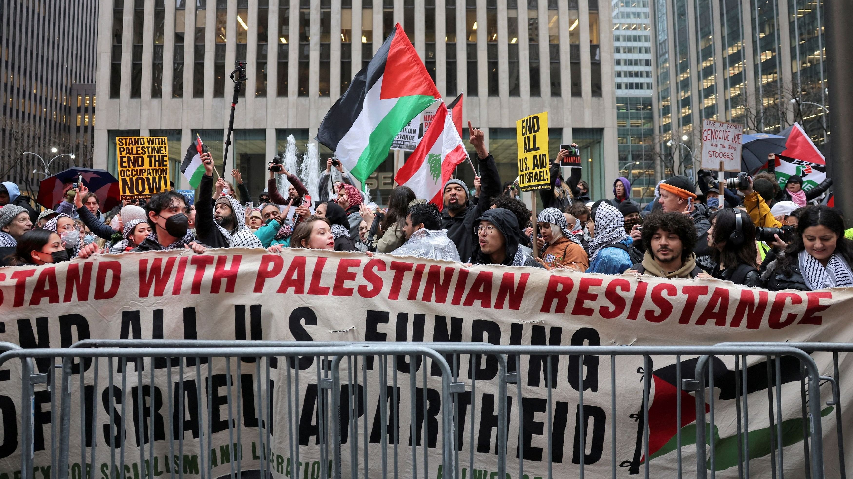 <div class="paragraphs"><p>File Photo: Protestors, calling for a ceasefire in Gaza, attend a demonstration outside Radio City Music Hall in Manhattan, on the day of a fundraising event for U.S. President Joe Biden with him and former U.S. Presidents Barack Obama and Bill Clinton, amid the ongoing conflict between Israel and the Palestinian Islamist group Hamas, in New York City, U.S., March 28, 2024.</p></div>