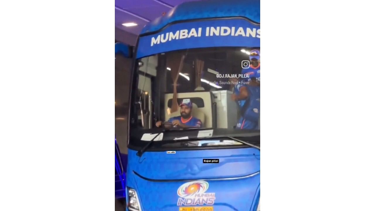 <div class="paragraphs"><p>Screengrab of Indian cricketer Rohit Sharma sitting in driver's seat of Mumbai Indians bus.</p></div>