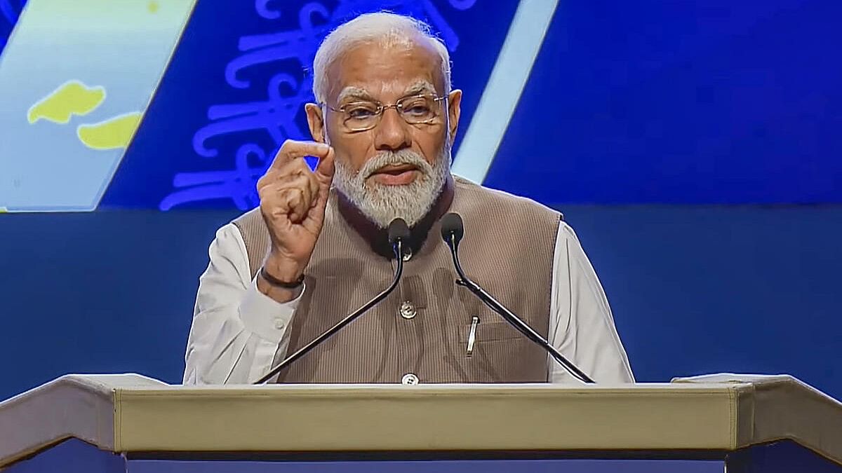 <div class="paragraphs"><p>Prime Minister Narendra Modi addresses during a ceremony marking 90 years of the Reserve Bank of India, in Mumbai.</p></div>