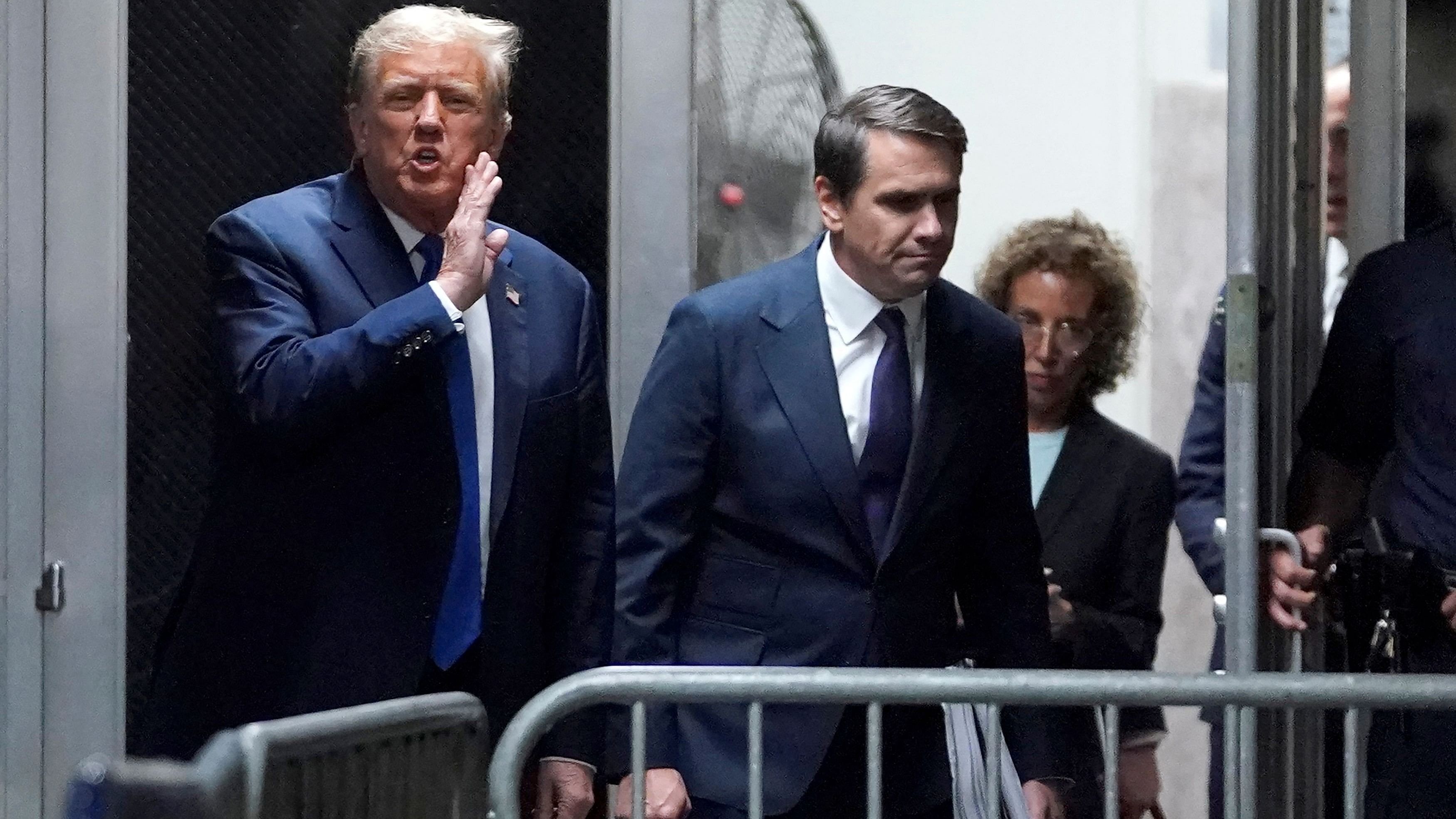 <div class="paragraphs"><p>Former US President Donald Trump, returns from lunch break as he attends his trial for allegedly covering up hush money payments linked to extramarital affairs, at Manhattan Criminal Court in New York City on April 18, 2024. </p></div>