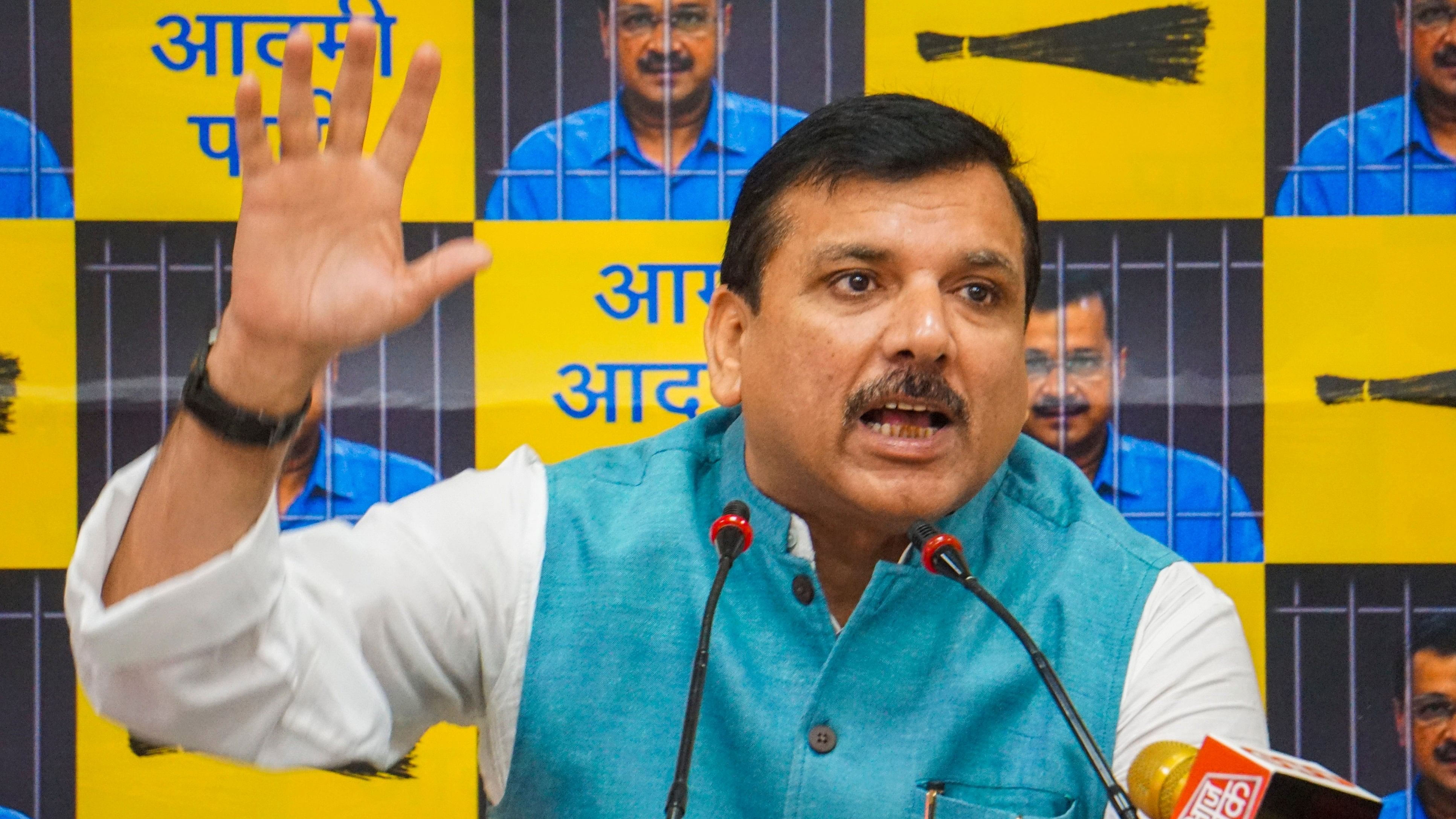 <div class="paragraphs"><p>AAP leader Sanjay Singh addresses a press conference.</p></div>