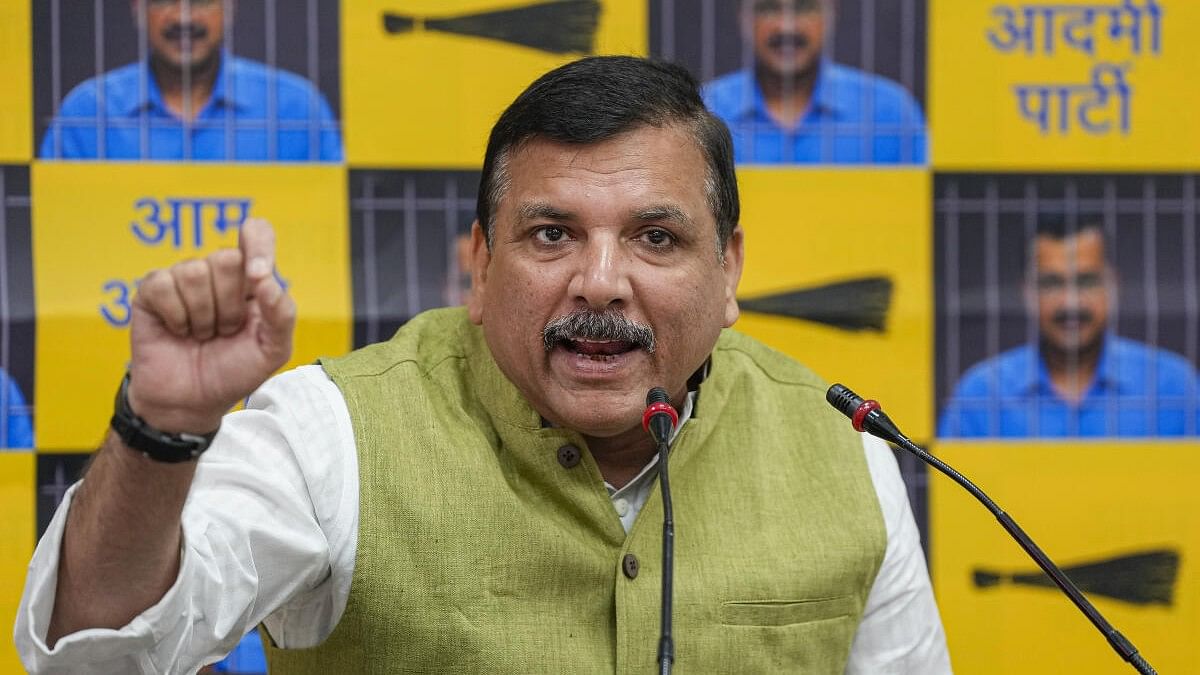 <div class="paragraphs"><p>AAP leader Sanjay Singh addresses a press conference, in New Delhi on Wednesday, April 10, 2024</p></div>